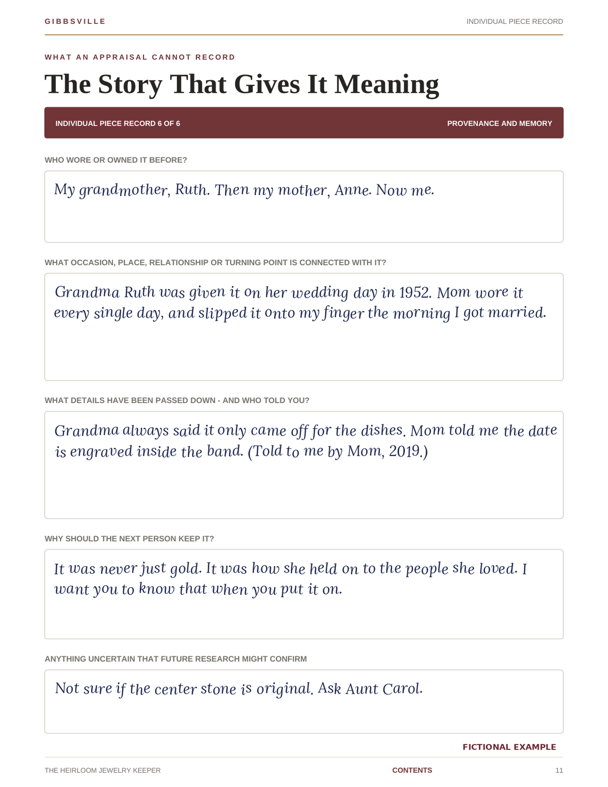 Filled sample page from The Heirloom Jewelry Keeper showing a fictional family ring story